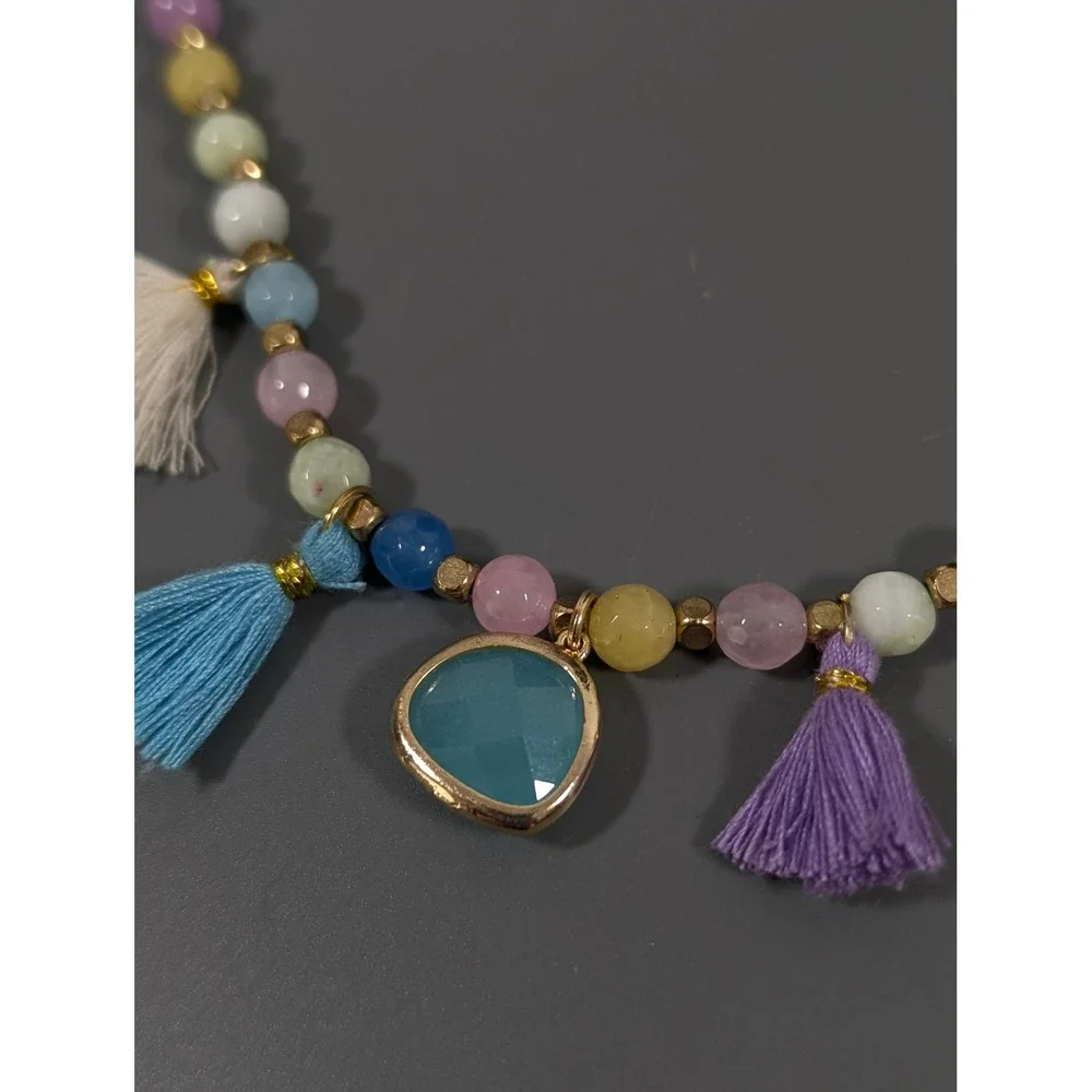 Boho Beachy Tassel Necklace Blue Pink Glass Beads‎ Layered Gold Tone 21 in